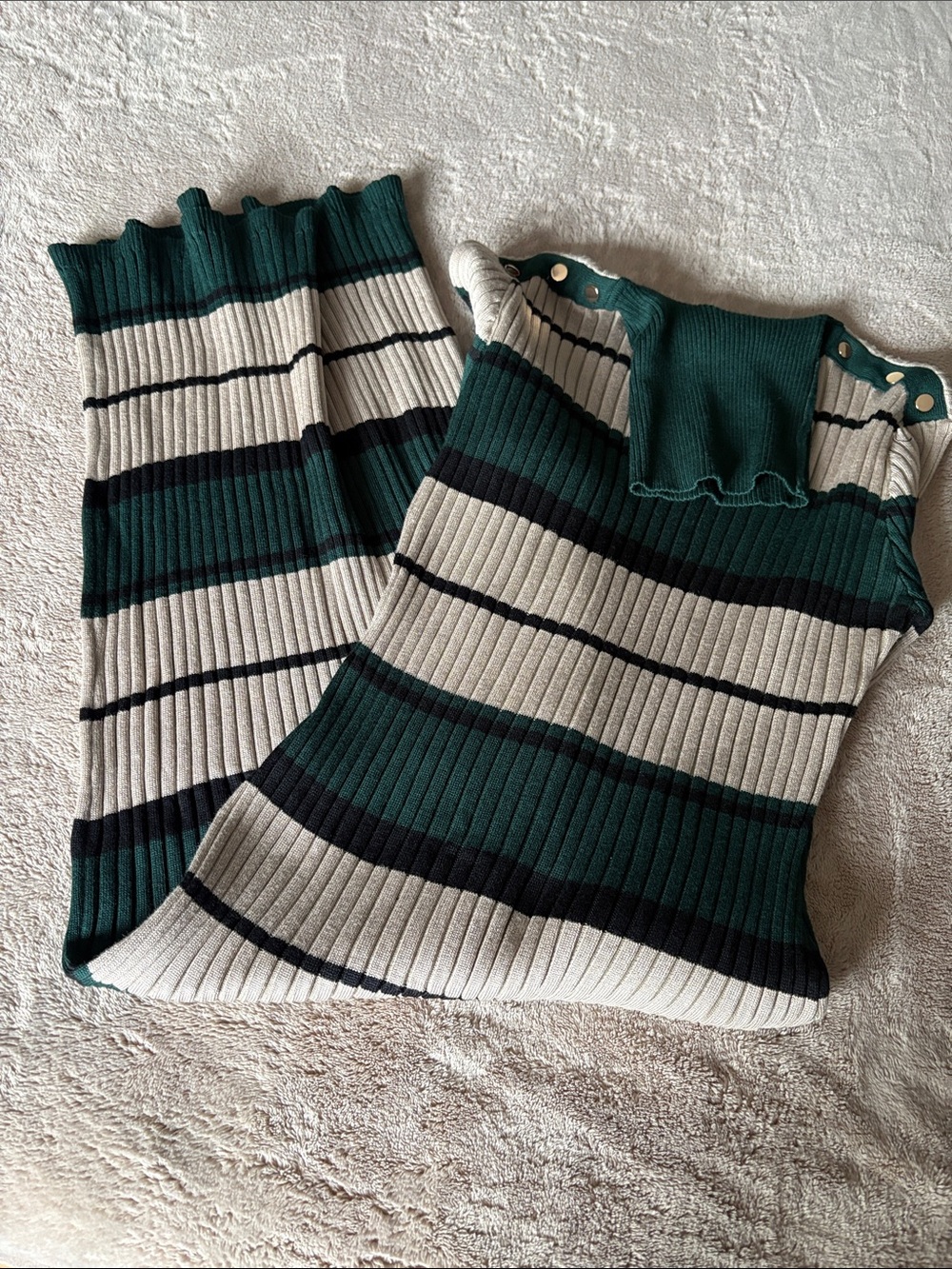 Green & Cream Striped Ribbed Dress with Button Shoulder